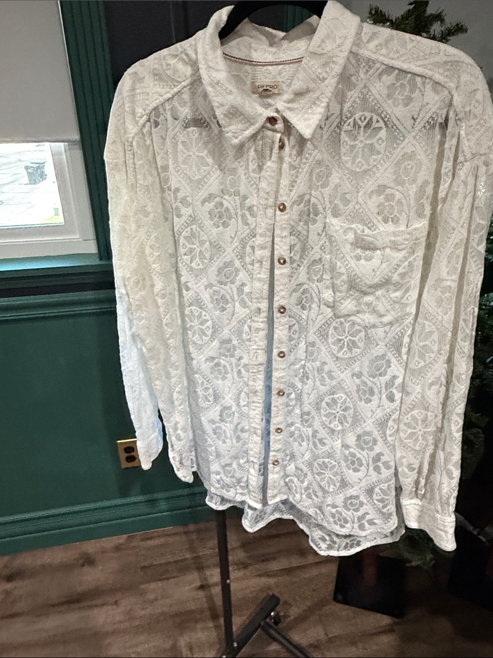 Pilcro White Lace Button-Front Top with Red Trim